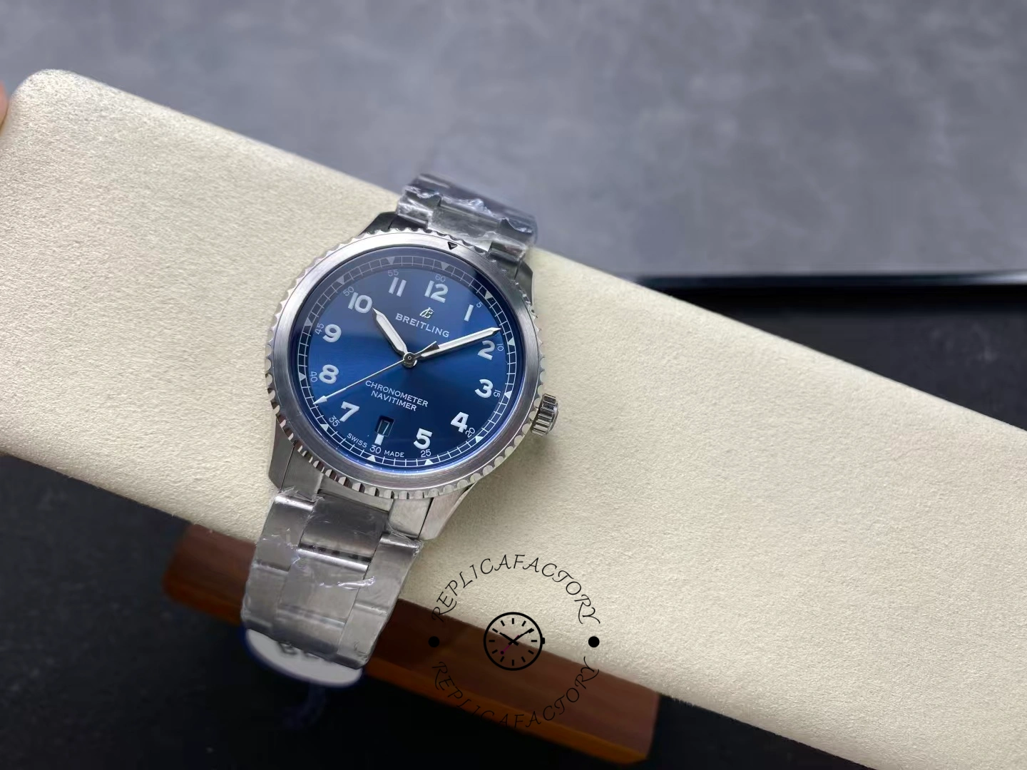 Full view of Breitling Navitimer 8 A17314101C1A1 with blue dial and stainless steel bracelet.