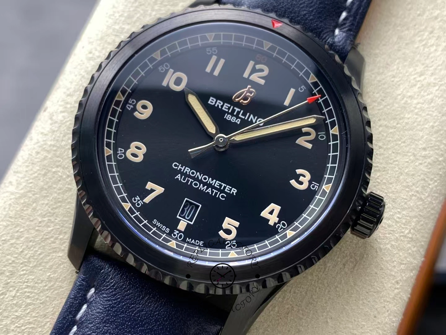 Detailed dial view of Breitling Navitimer Aviator 8 M17314101B1X1 showing luminous hands and date.