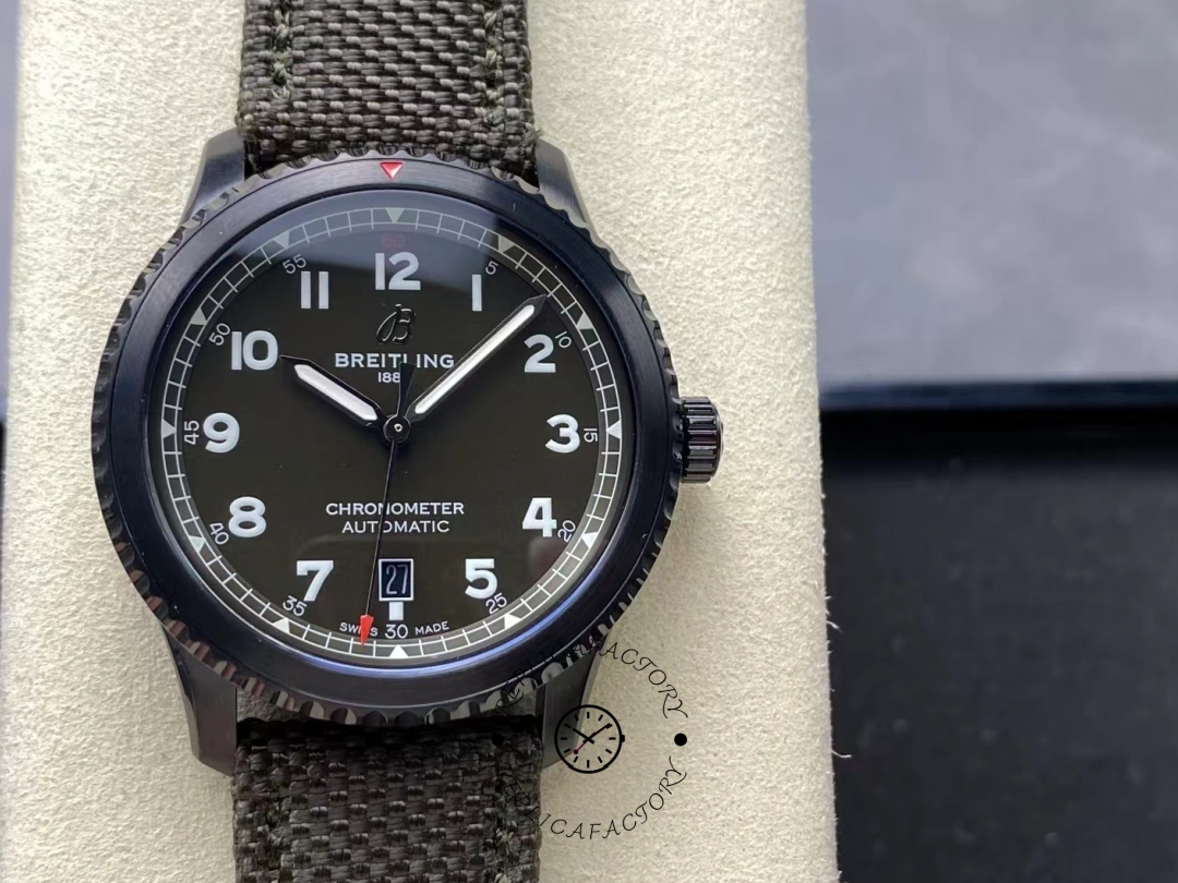 Front view of Breitling Navitimer 8 Curtiss Warhawk M173152A1L1X1 with green dial and fabric strap. - Front view