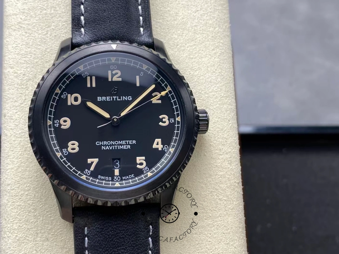 Front view of Breitling Navitimer 8 Automatic 41 M17314101B1X1 showing black dial and beige numerals. - Front view