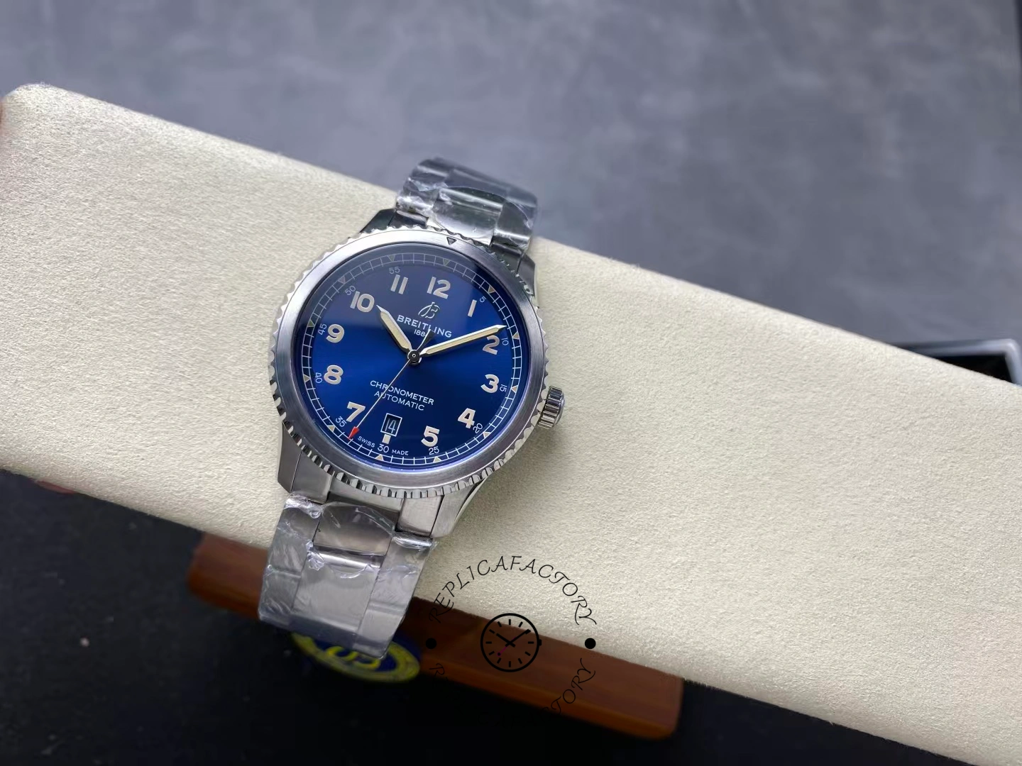 Angled full view of Breitling Aviator 8 A17315101C1A1 showing dial and bracelet.