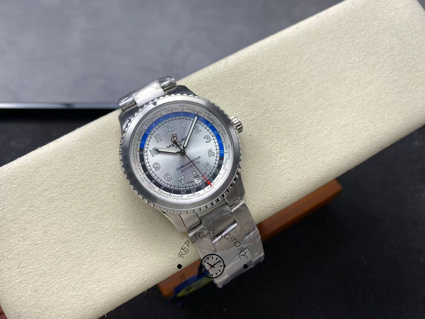 Top view of Breitling Aviator 8 B35 AB3521U01G1A1 showing complete silver world time design.