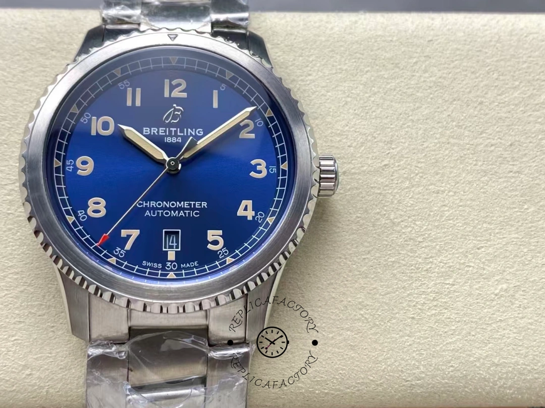 Front view of Breitling Aviator 8 Automatic 41 A17315101C1A1 showing full blue dial layout. - Front view