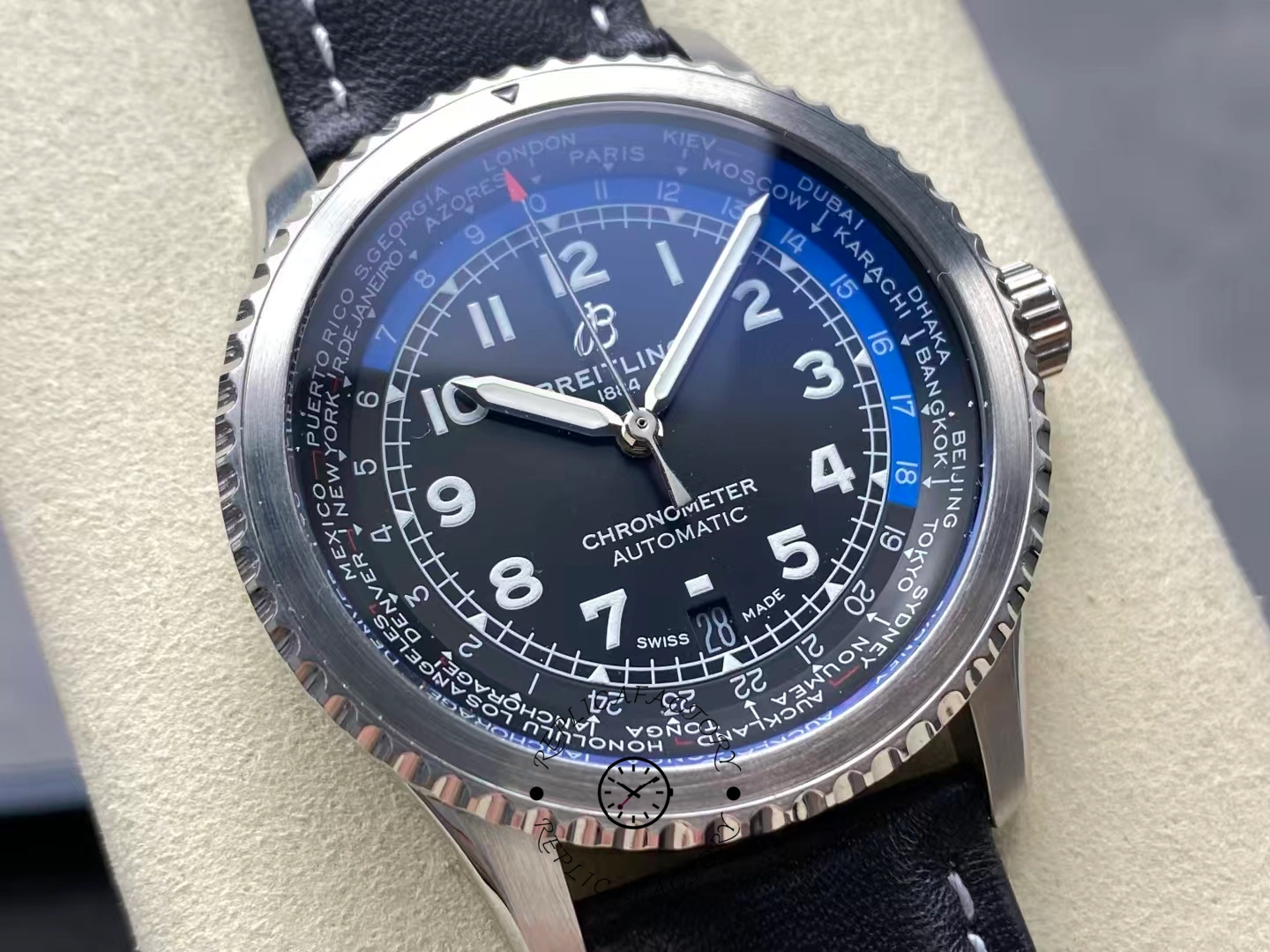 Angled view of Breitling Aviator 8 B35 Unitime 43 AB3521U41B1P1 highlighting world time scale.