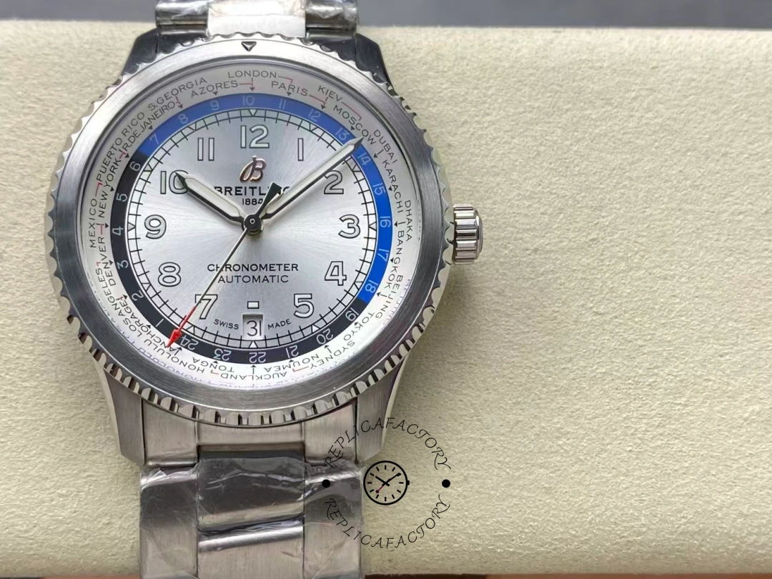 Front view of Breitling Aviator 8 B35 AB3521U01G1A1 showing full silver dial and city ring. - Front view