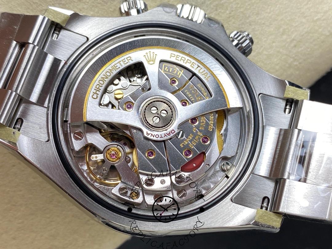 The case back view of the Rolex Cosmograph Daytona M126500ln 0001 shows the 4131 clone movement.