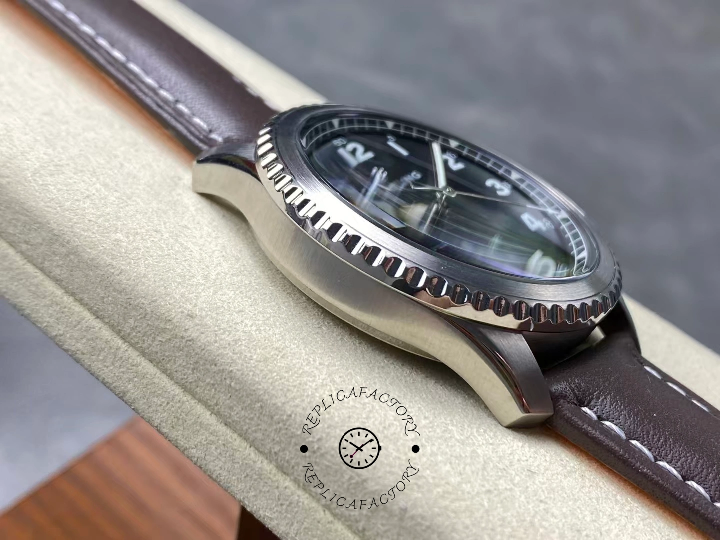 Angled side view of Breitling Navitimer 8 Automatic 41 A17314101B1X1 showing fluted bezel.