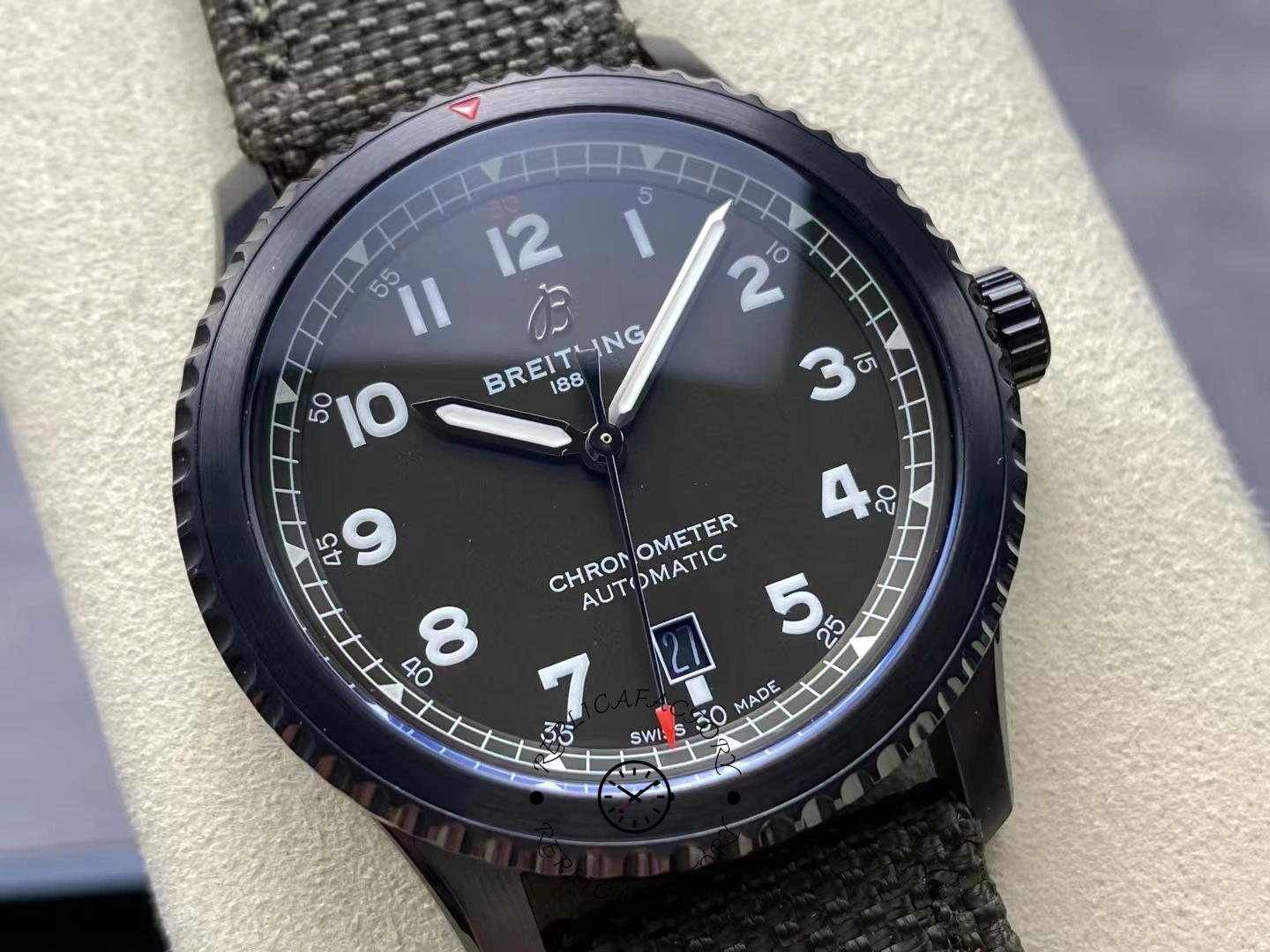 Detailed dial view of Breitling Navitimer 8 Curtiss Warhawk M173152A1L1X1 with luminous numerals.