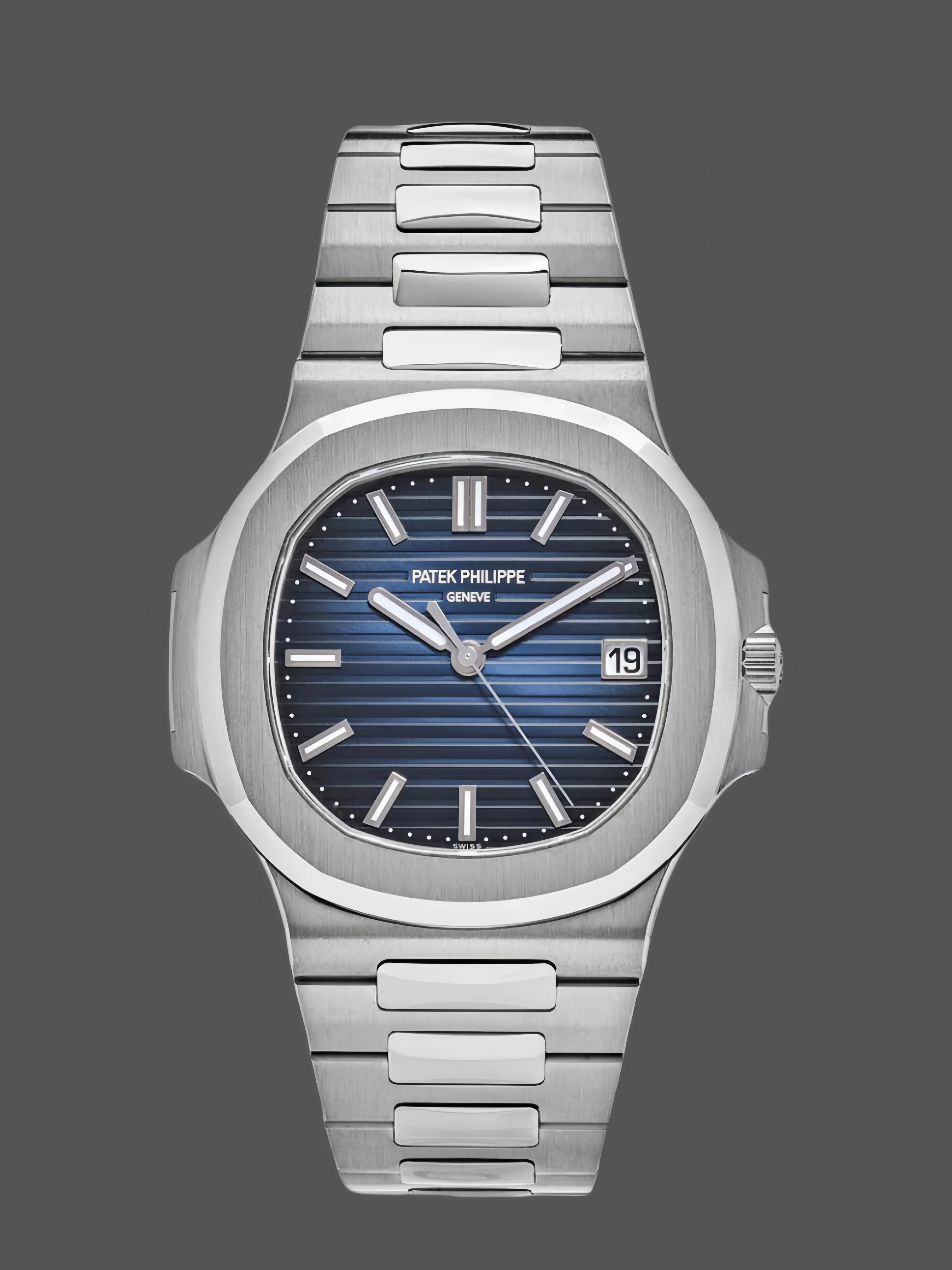 Front view of Patek Philippe Nautilus 5811/1G-001 showing blue gradient dial and steel case.