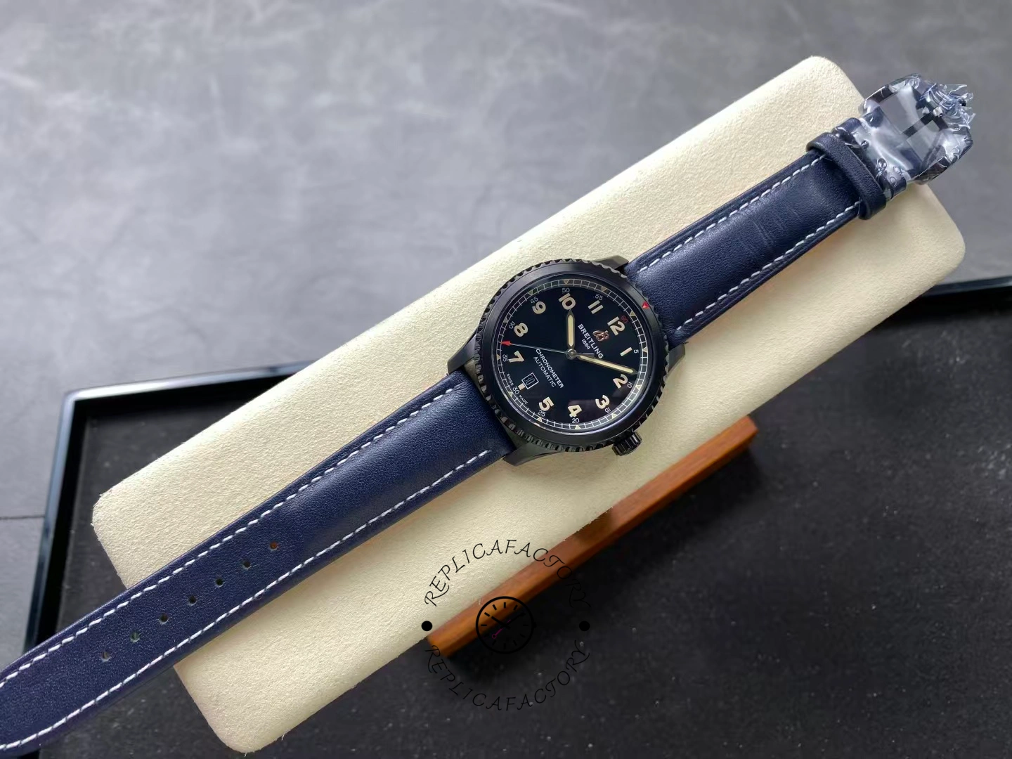 Top-down view of Breitling Navitimer Aviator 8 M17314101B1X1 showing full blue leather strap.