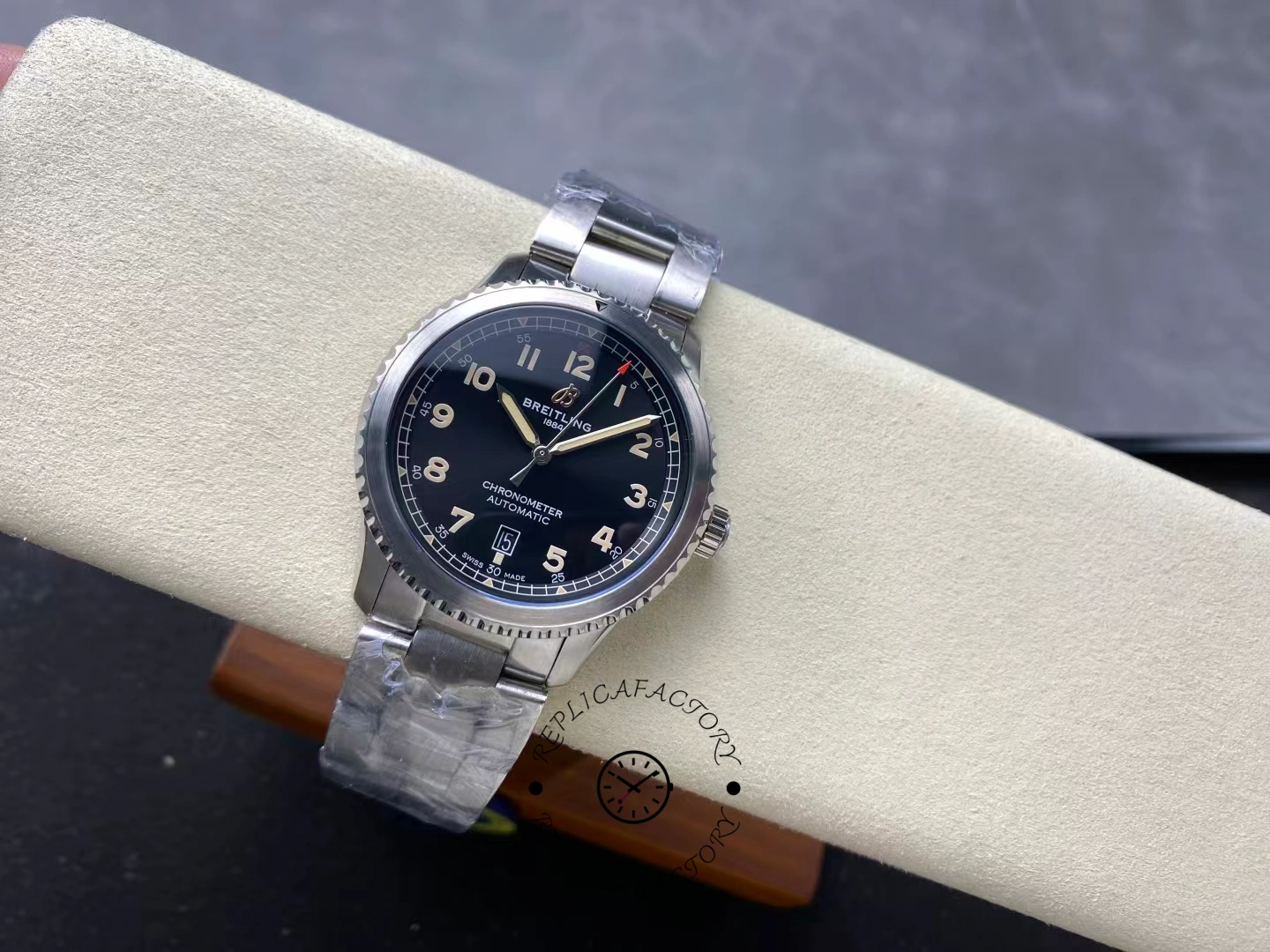 Angled full view of Breitling Aviator 8 A17315101B1A1 showing dial and bracelet.