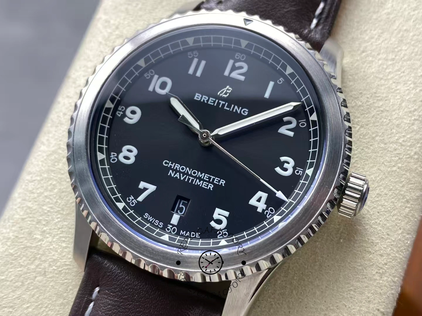 Detailed close-up of Breitling Navitimer 8 Automatic 41 A17314101B1X1 black dial with date window.