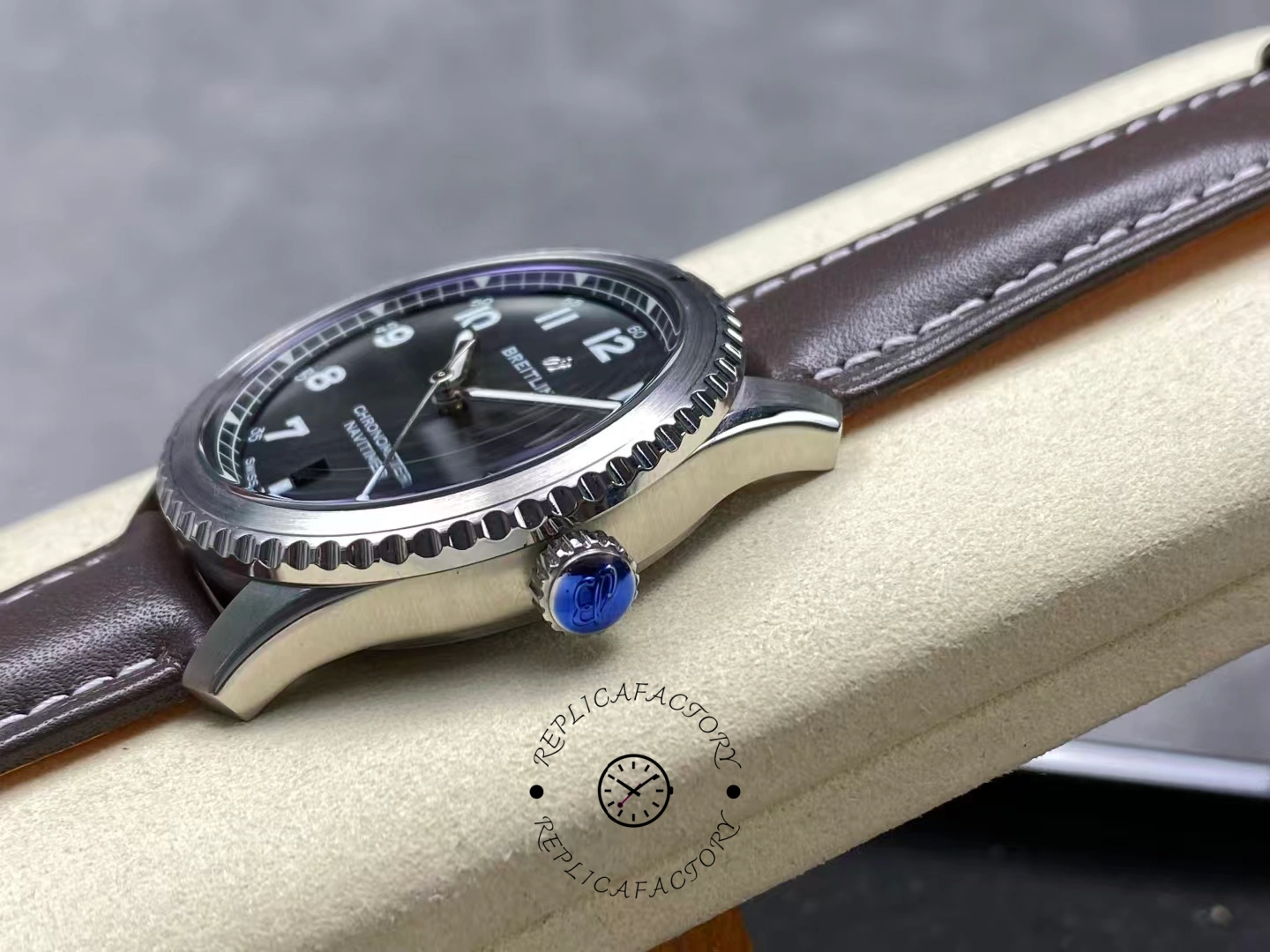 Side view of Breitling Navitimer 8 Automatic 41 A17314101B1X1 showing crown with blue seal.