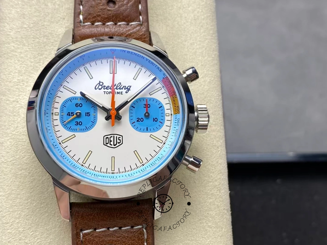 Front view of Breitling Top Time Deus A233112A1A1X1 with DEUS logo on dial. - Front view