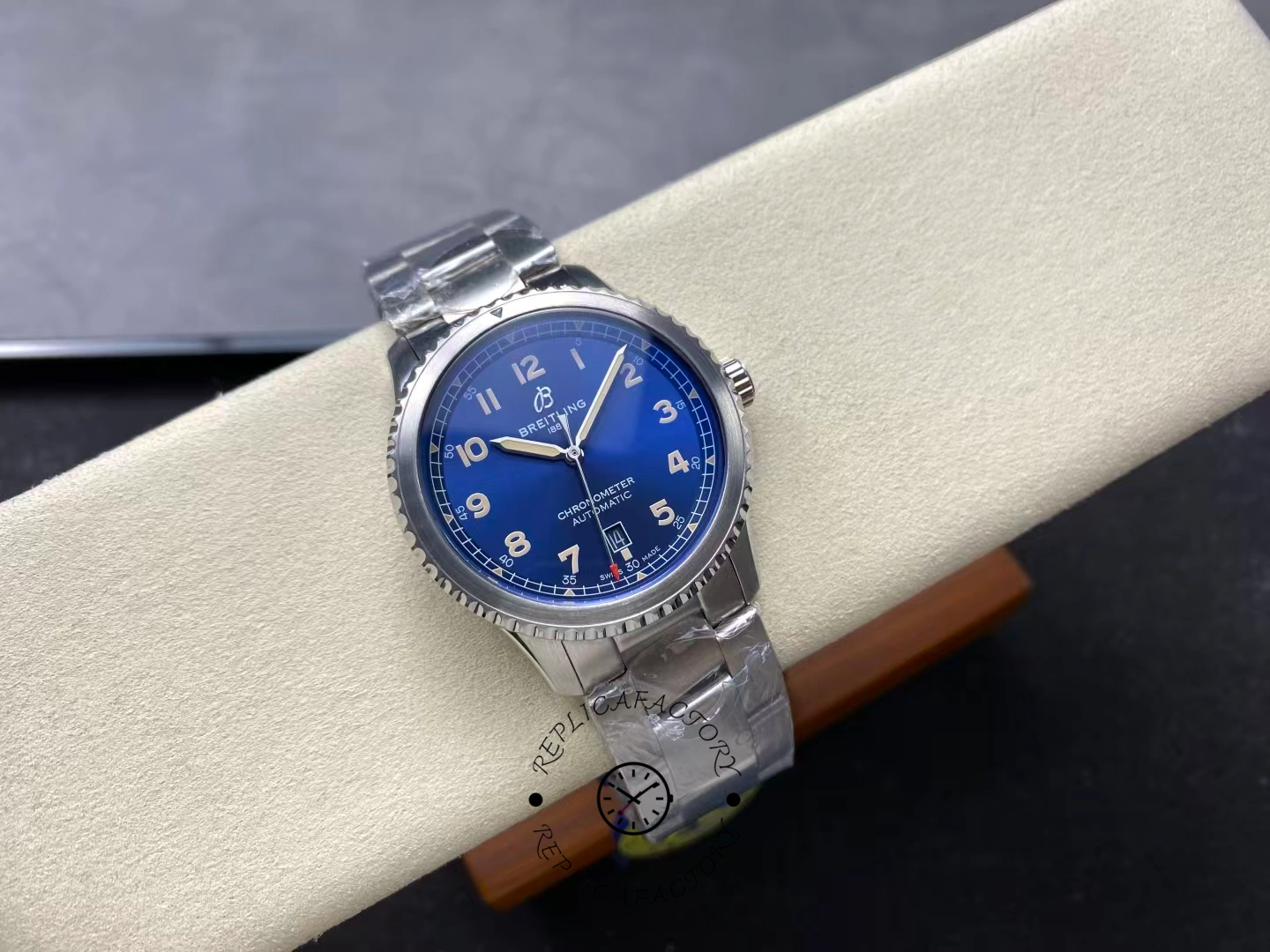 Top view of Breitling Aviator 8 Automatic 41 A17315101C1A1 showing blue dial with yellow numerals.