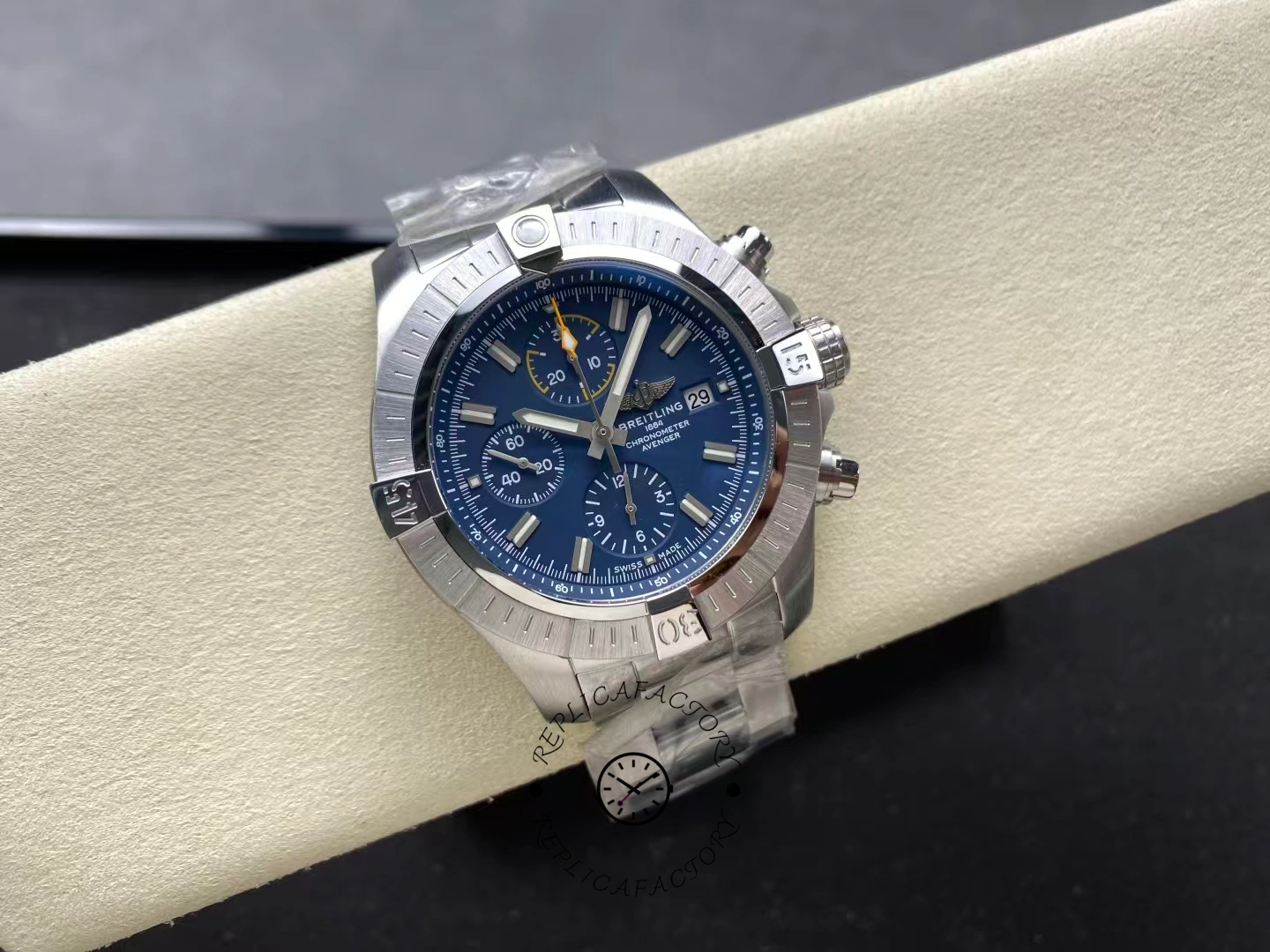 Angled view of Breitling Avenger Chronograph 45 A13317101C1A1 with blue dial and bezel.
