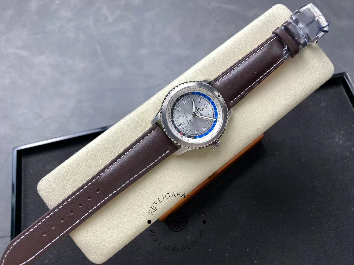 Full top view of Breitling Aviator 8 B35 Automatic 43 AB3521U01G1P1 with silver dial and city ring.