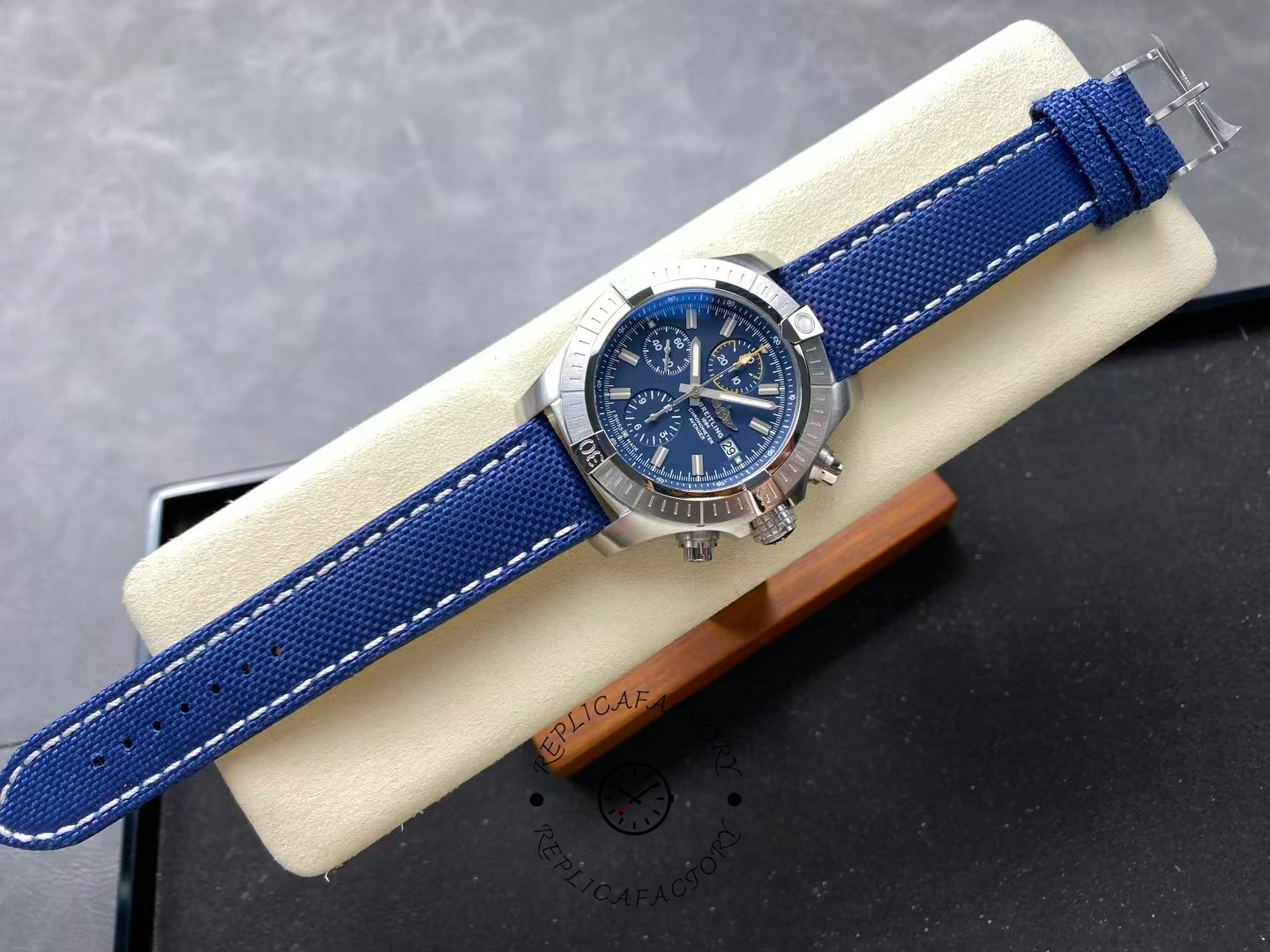 Top view of Breitling Avenger Chronograph 45 A13317101C1X1 with full blue strap.