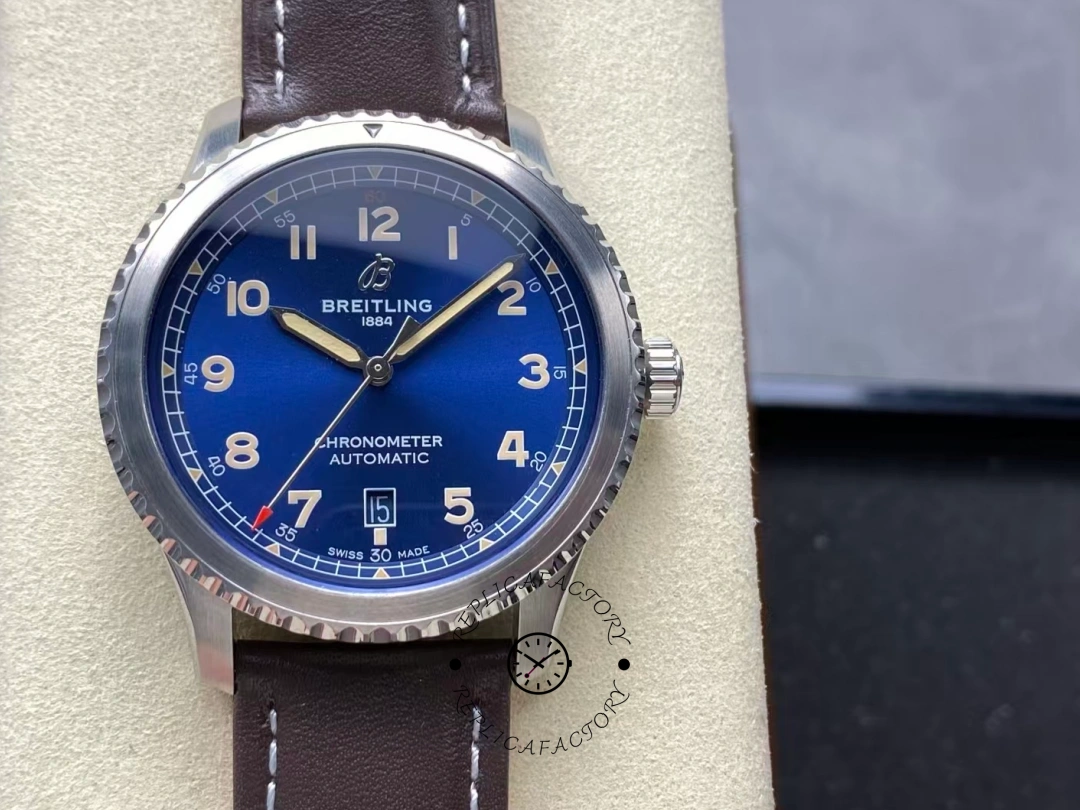 Front view of Breitling Aviator 8 Automatic 41 A17315101C1X1 showing full dial and crown. - Front view