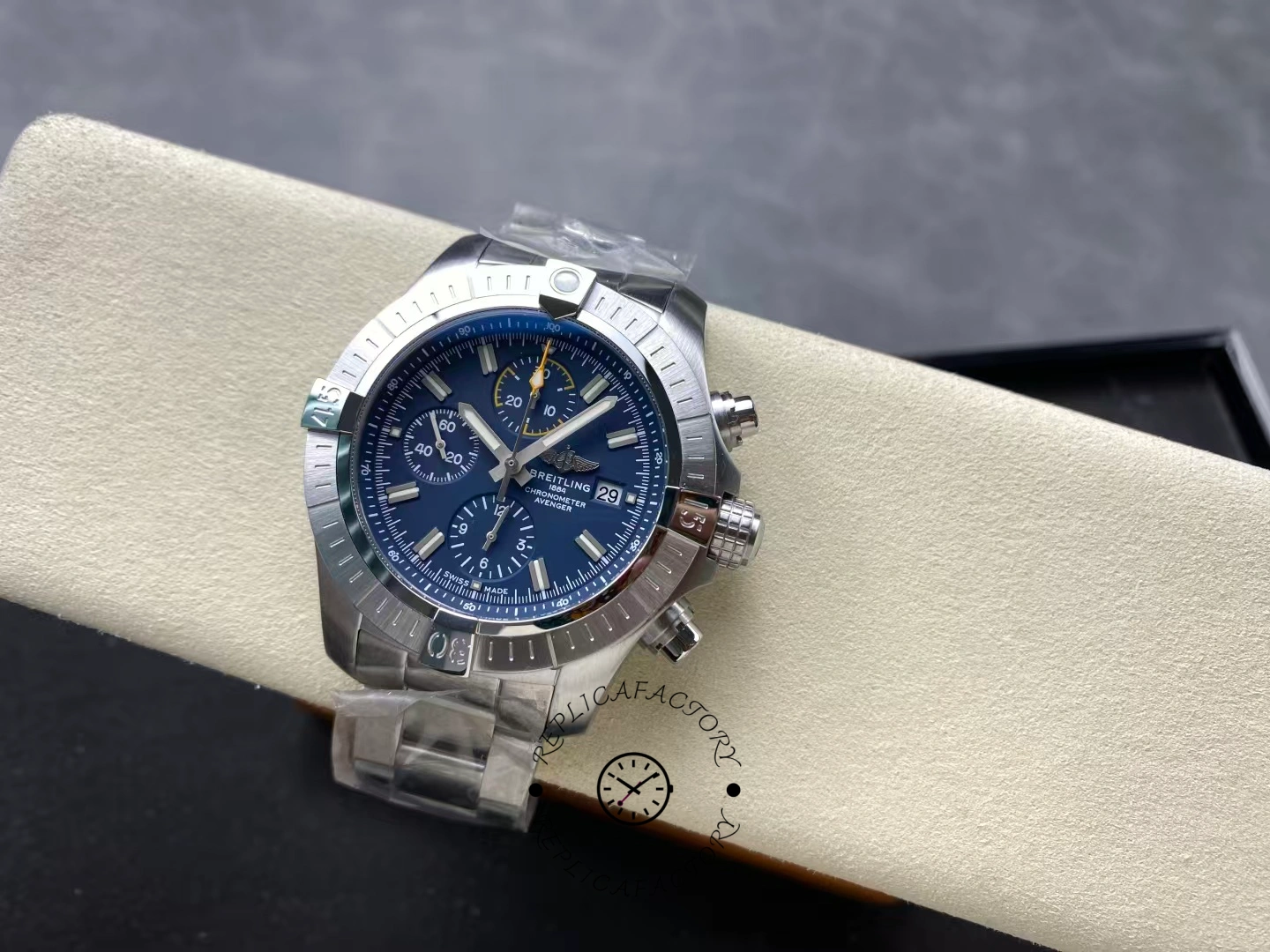 Full view of Breitling Avenger Chronograph 45 A13317101C1A1 showing bracelet and dial.