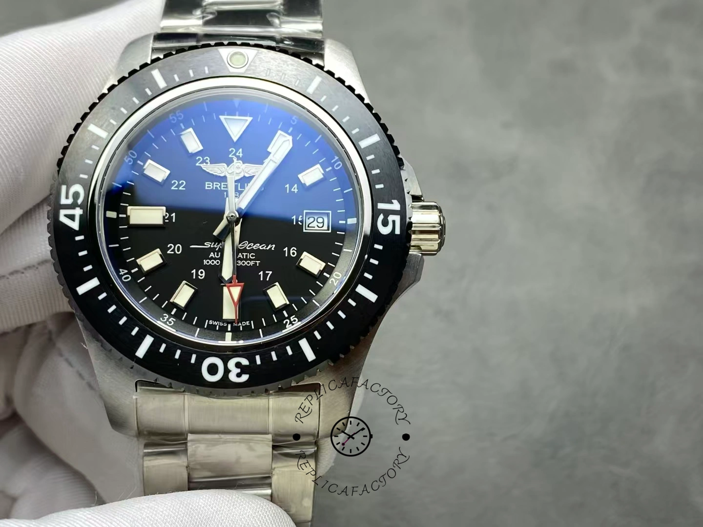 Front shot of Breitling Superocean 44 Special Y1739310BF45 with stainless steel bracelet. - Front view