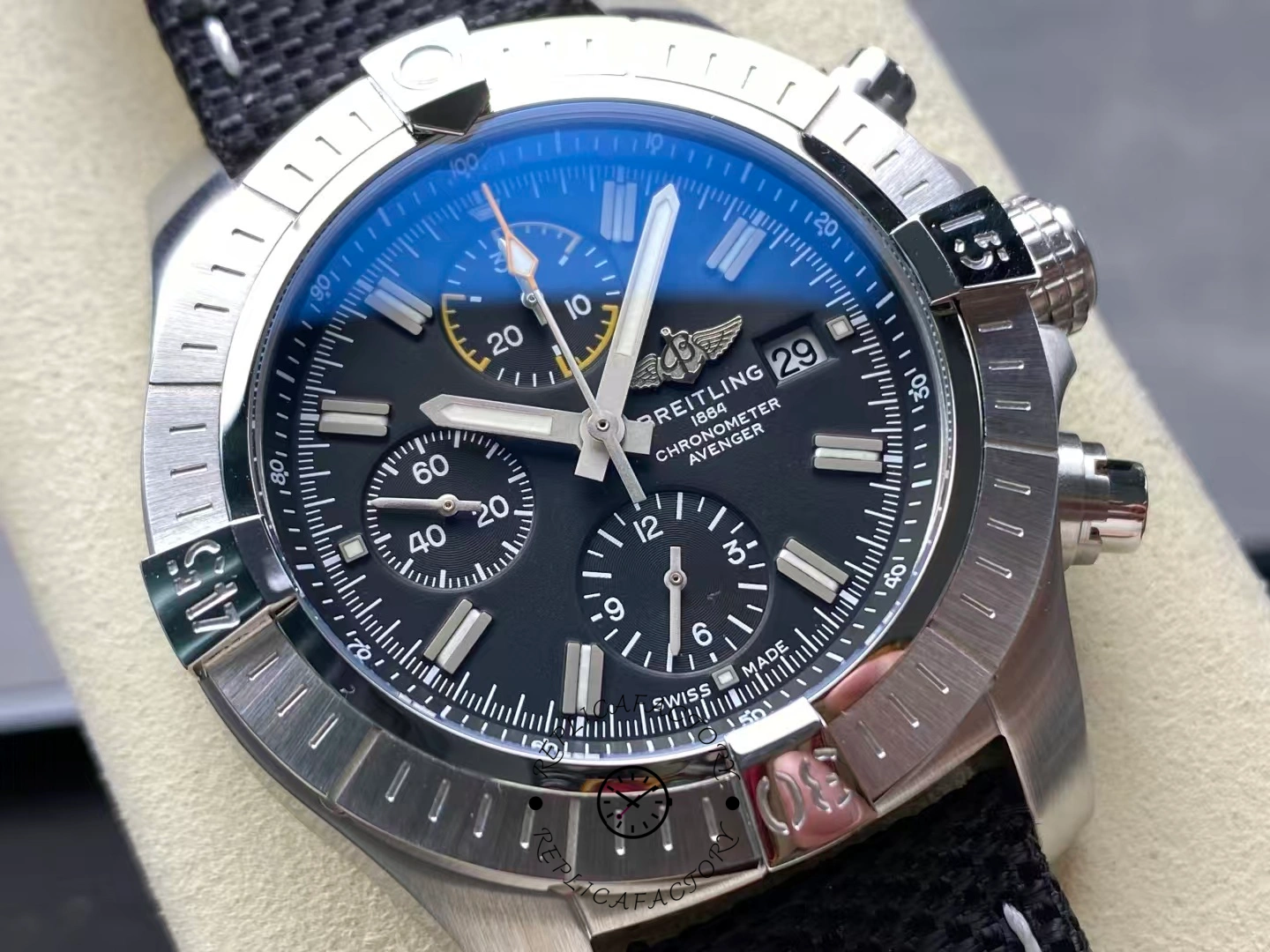 Macro shot of Breitling Avenger Chronograph 45 A13317101B1X1 dial with yellow second hand.