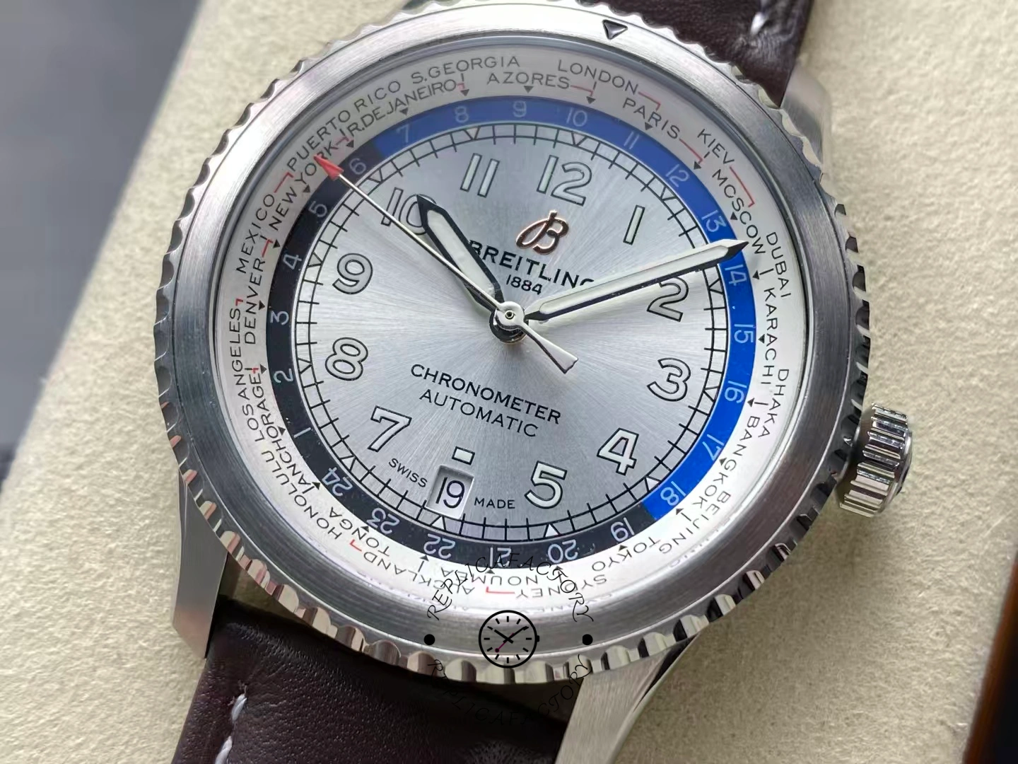 Close-up of Breitling Aviator 8 B35 Automatic 43 AB3521U01G1P1 showing silver dial and blue ring.
