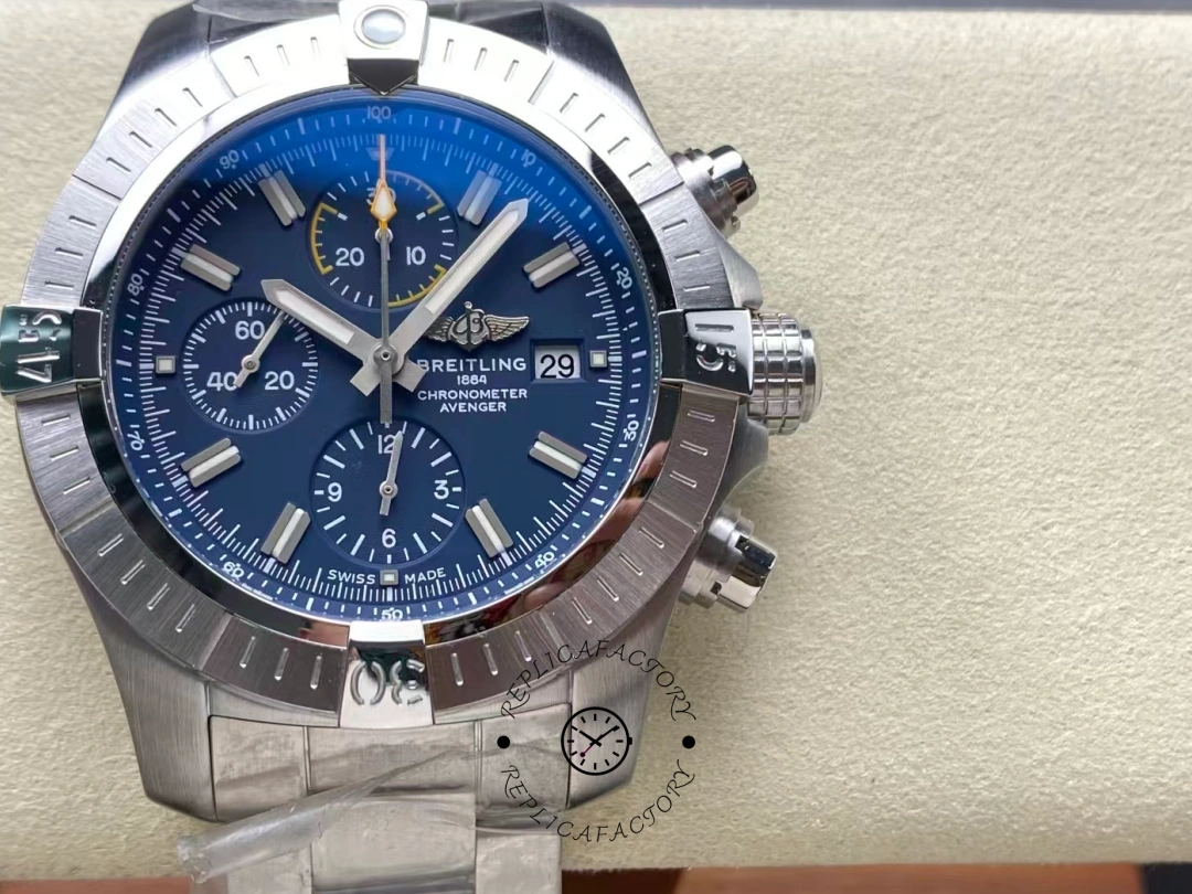 Front view of Breitling Avenger Chronograph 45 A13317101C1A1 with blue dial and silver bracelet. - Front view