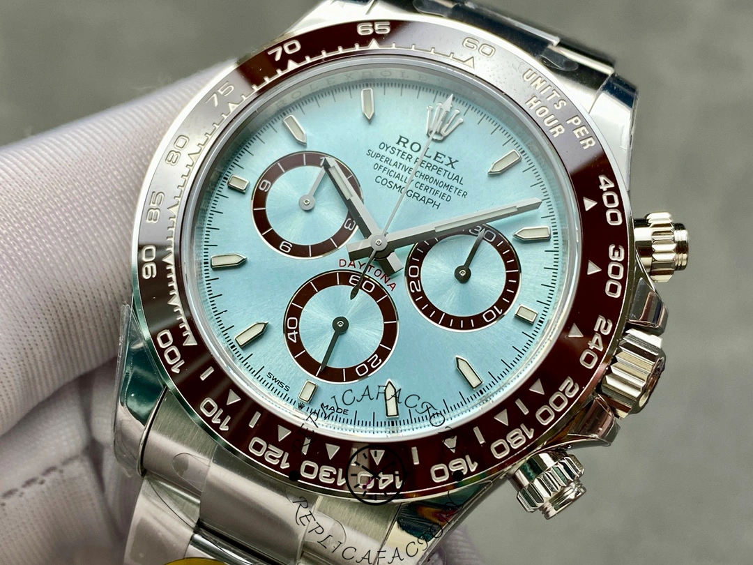 Angled dial view of the Rolex Daytona 126506 highlighting bezel numerals and markers.