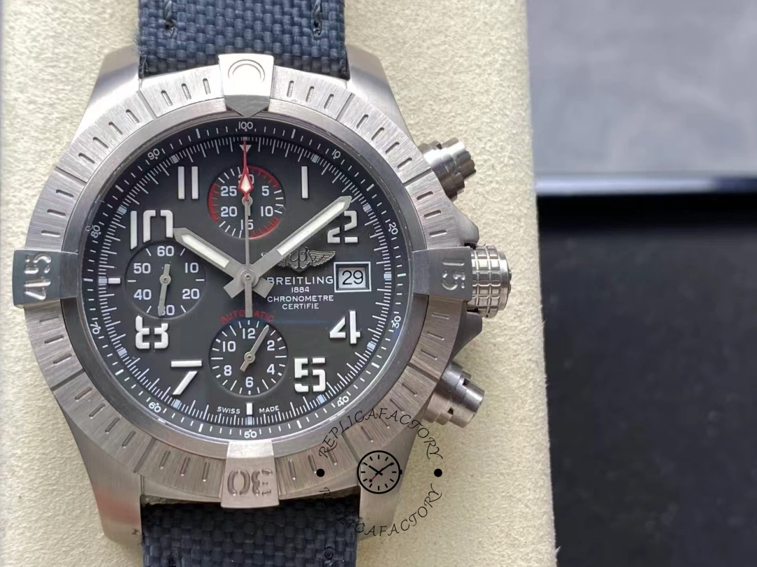 Front view of Breitling Avenger Bandit E13383101M1W1 with date window and chronograph layout. - Front view