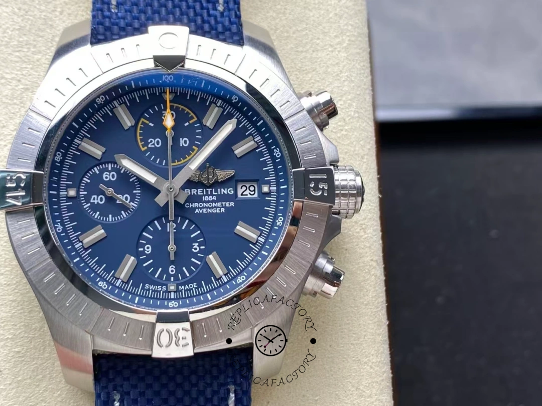 Front view of Breitling Avenger Chronograph 45 A13317101C1X1 with blue dial and silver bezel. - Front view