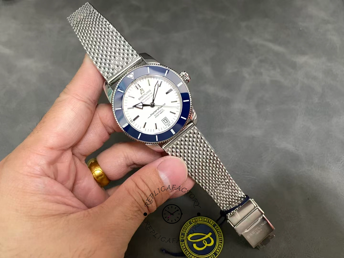 Full view of Breitling Superocean Heritage II B20 AB201016G827-154A with mesh bracelet.