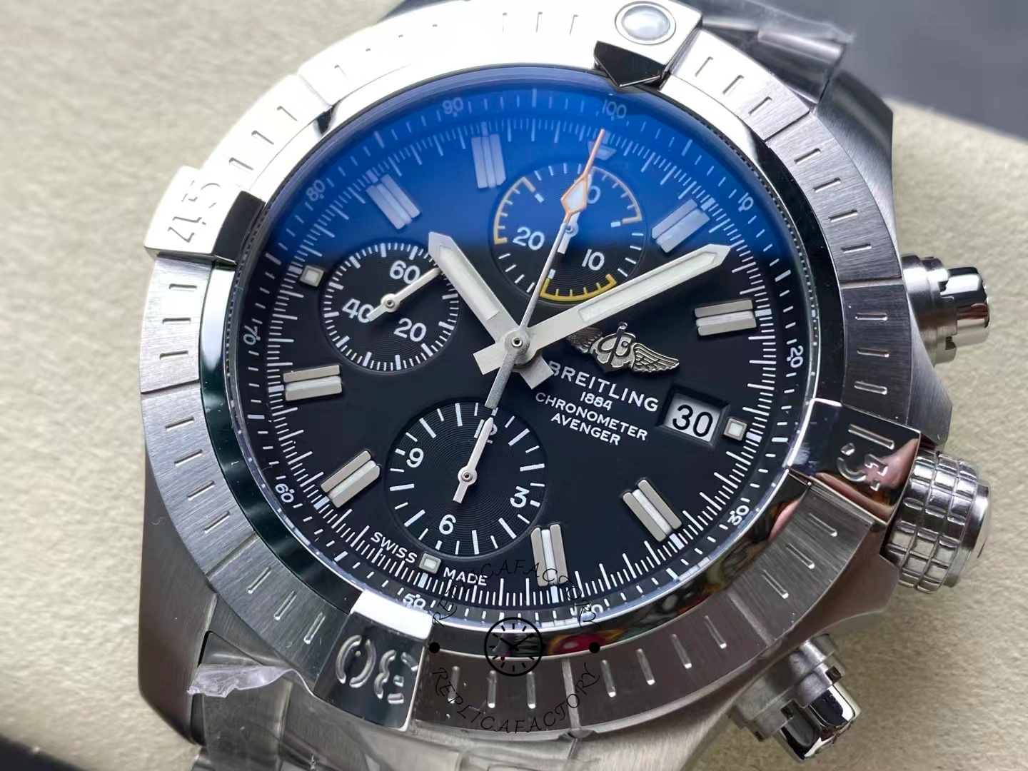 Close-up of Breitling Avenger Chronograph 45 A13317101B1A1 dial showing chronograph subdials.