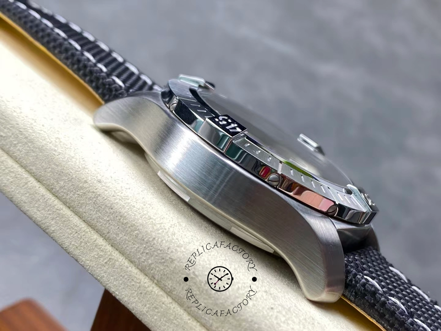 Left side profile of Breitling Avenger Chronograph 45 A13317101B1X1 with brushed case finish.