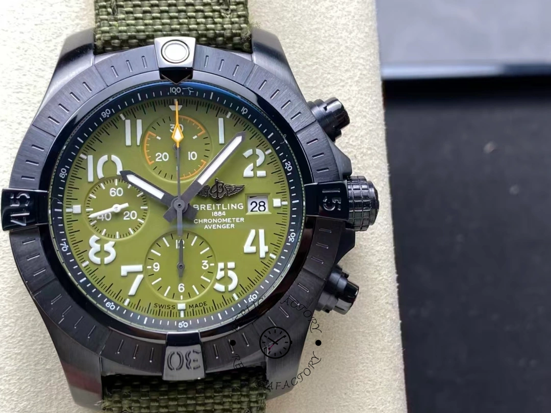 Front view of Breitling Avenger Chronograph 45MM V13317101L1X1 showing bold numerals. - Front view