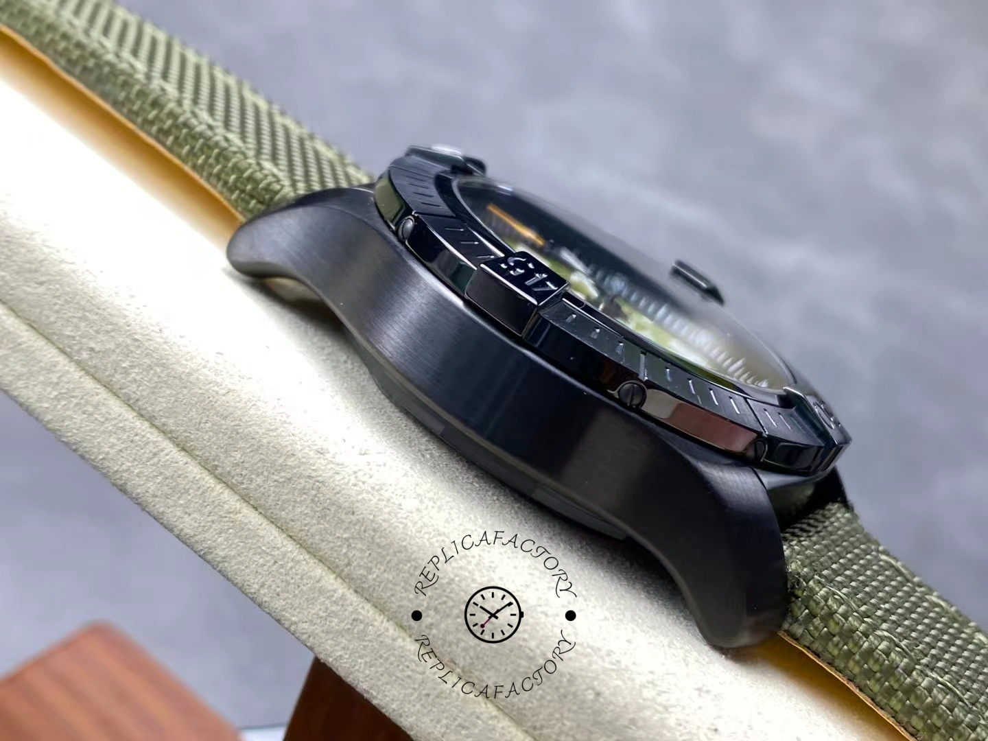 Left side profile of Breitling Avenger Chronograph 45MM V13317101L1X1 with black DLC case.