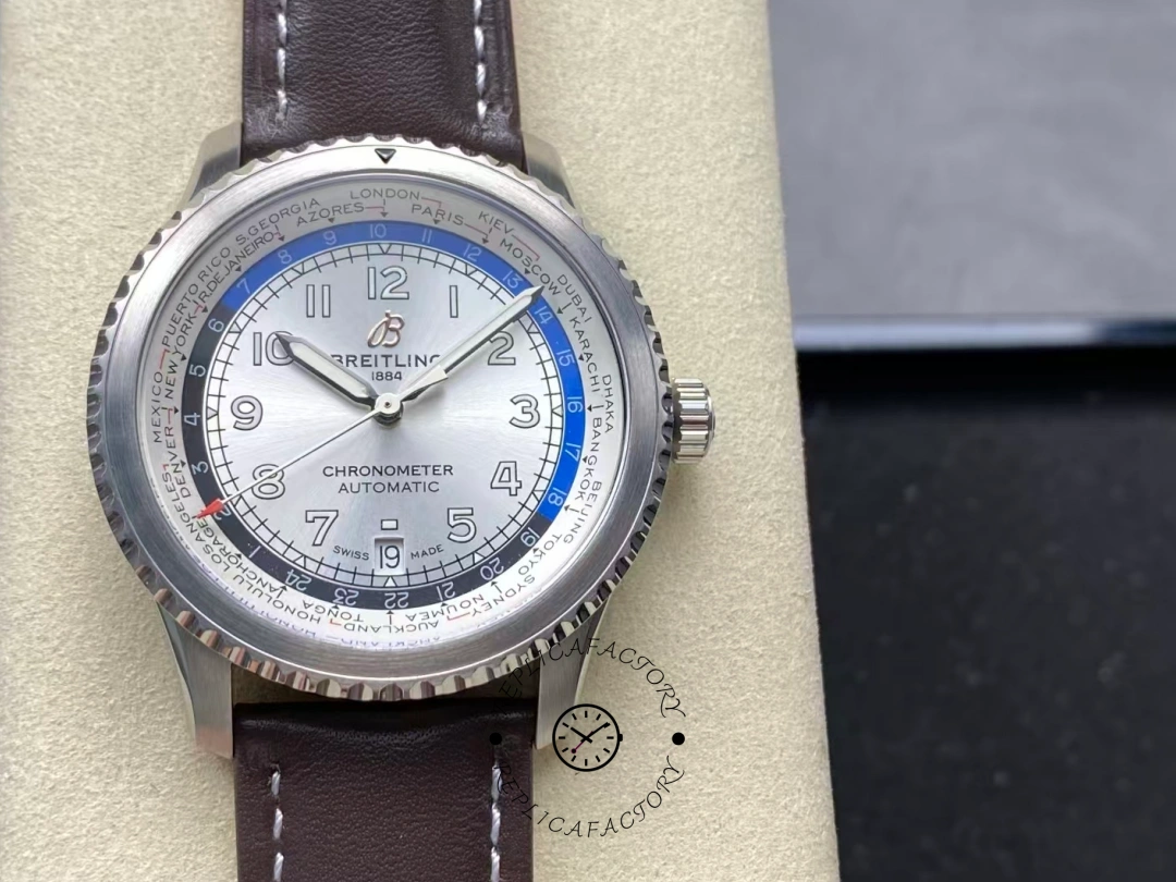 Front view of Breitling Aviator 8 B35 Automatic 43 AB3521U01G1P1 displaying world time zones. - Front view