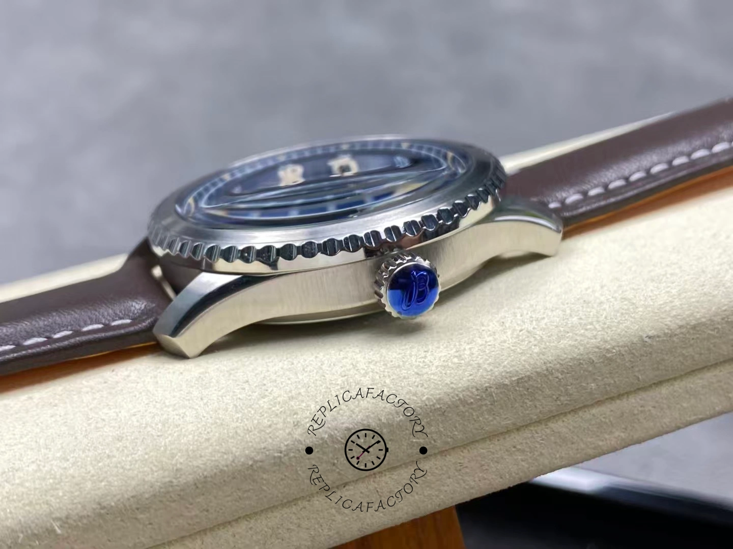 Side view of Breitling Aviator 8 Automatic 41 A17315101C1X1 showing blue crown seal.