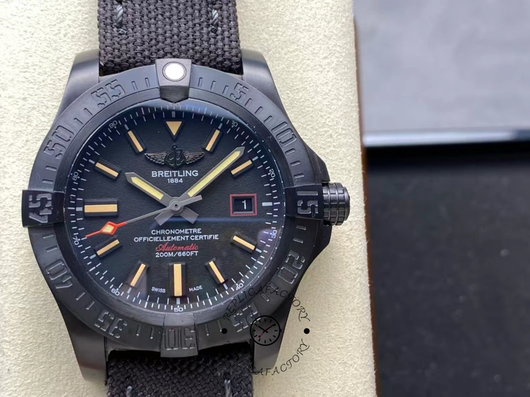 Front view of Breitling Avenger Blackbird 44 V17311101B1W1 showing luminous hands and markers. - Front view