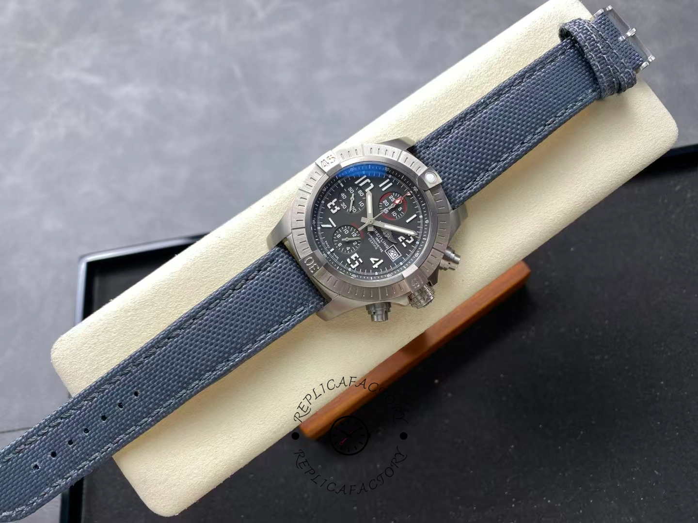 Top view of Breitling Avenger Bandit E13383101M1W1 showing grey dial and fabric strap.