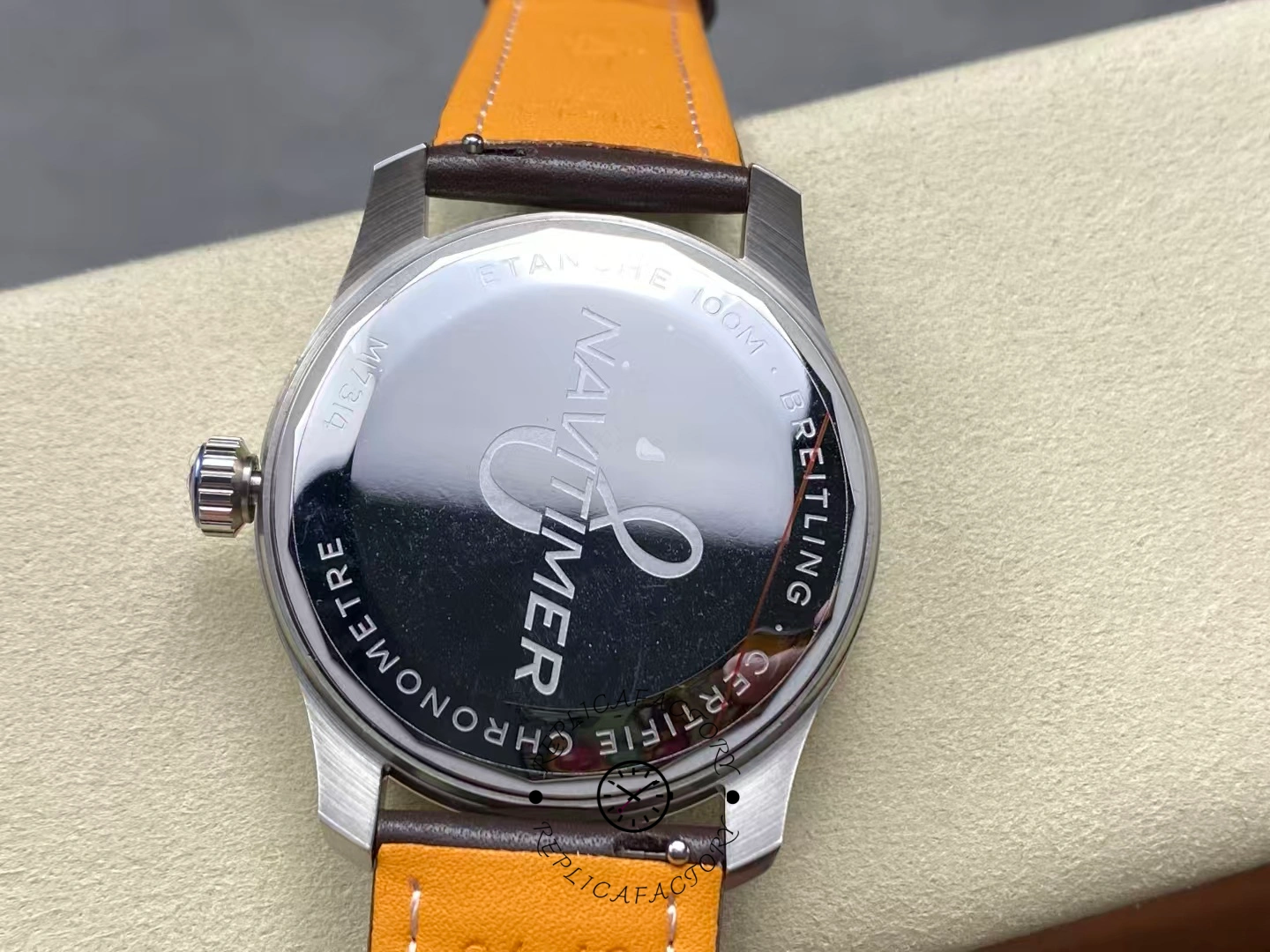 Caseback of Breitling Aviator 8 B35 Automatic 43 AB3521U01G1P1 engraved with NAVITIMER logo.