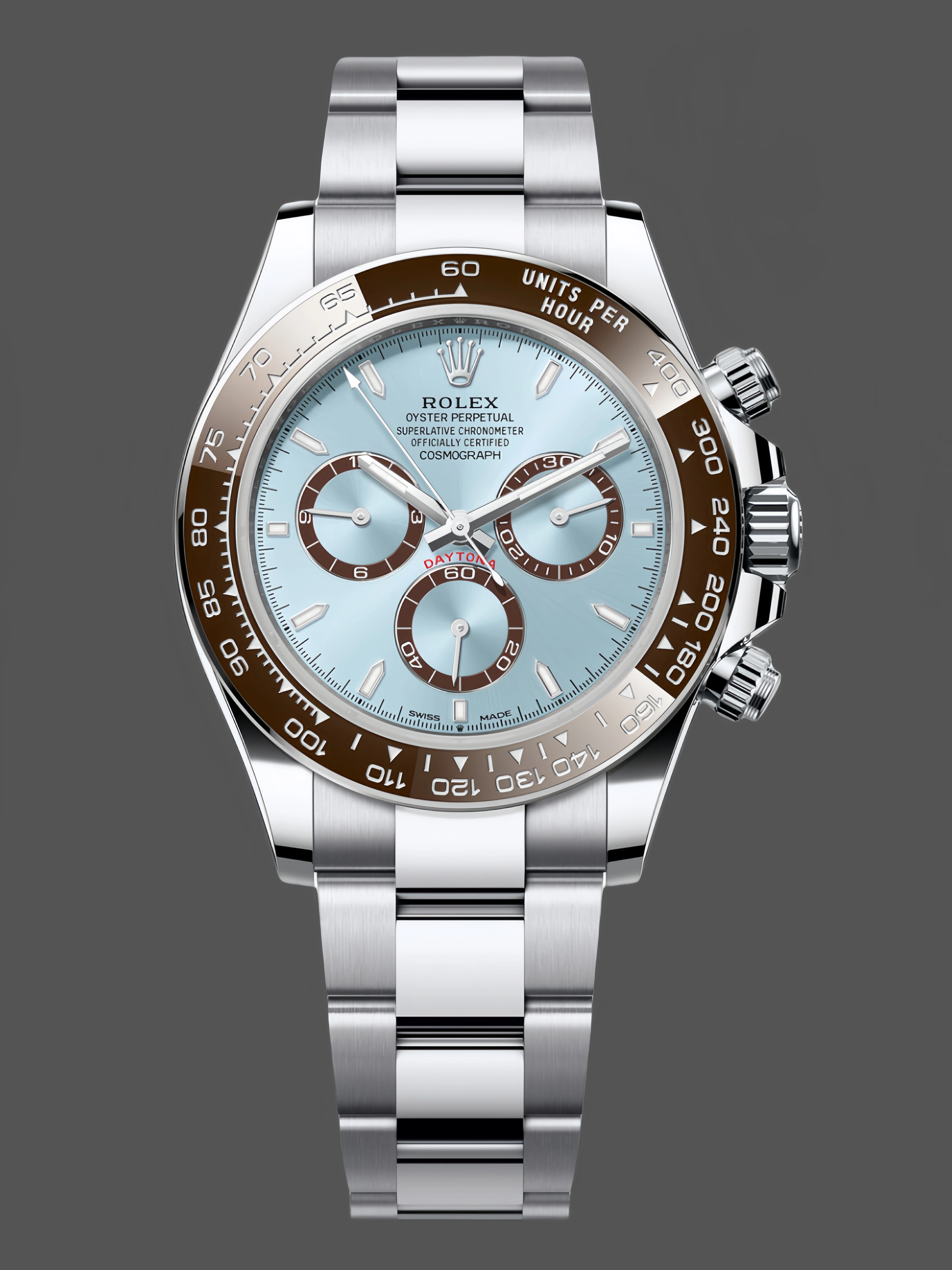 Front view of the Rolex Cosmograph Daytona 126506 with ice-blue dial and brown ceramic bezel.