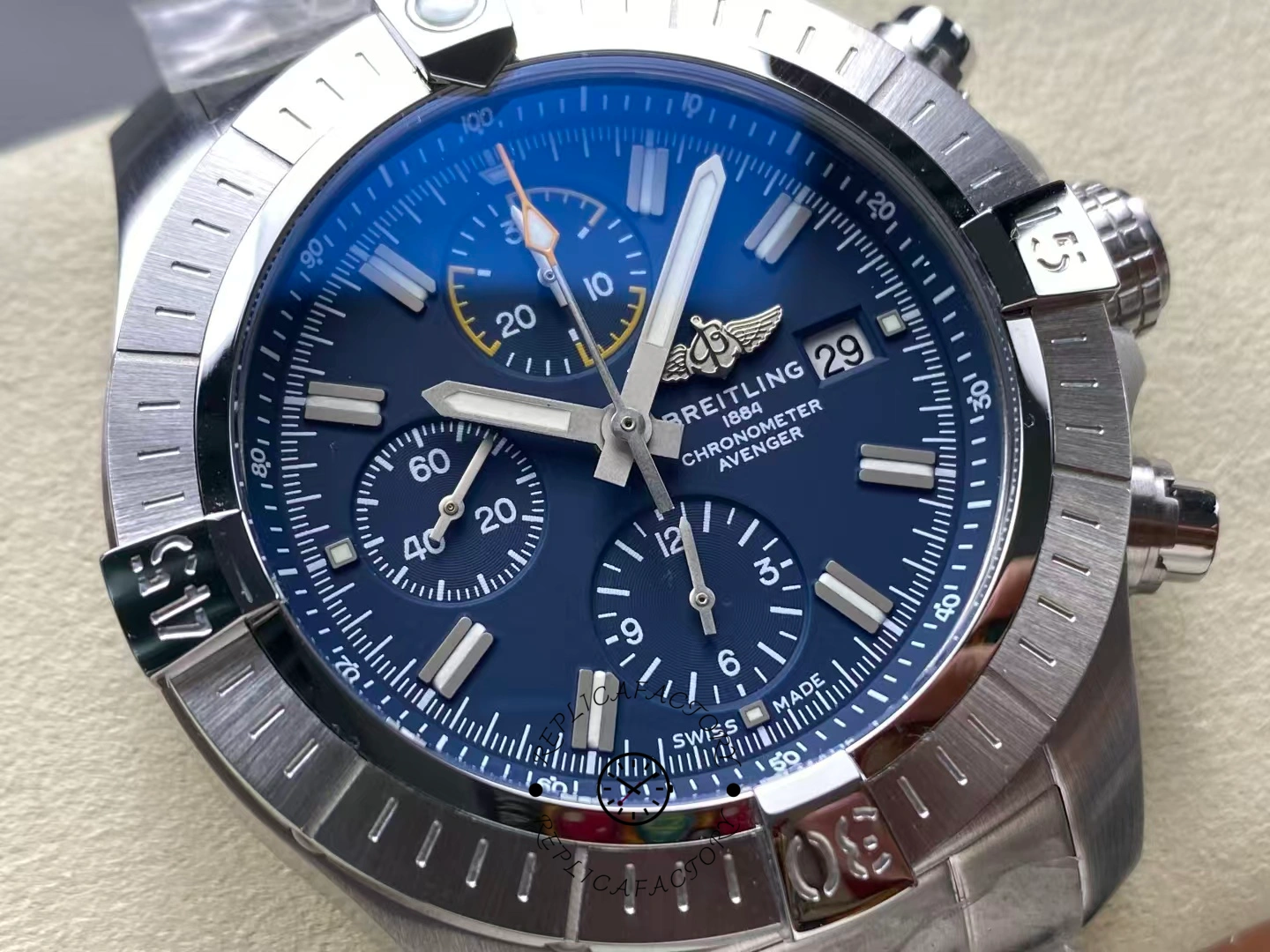 Macro shot of Breitling Avenger Chronograph 45 A13317101C1A1 showing yellow second hand.