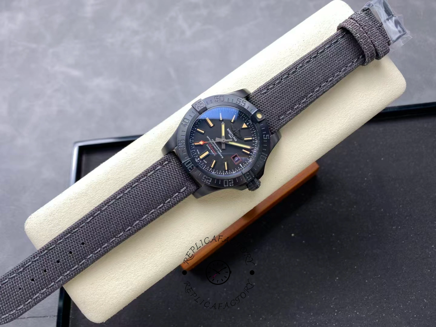 Full top view of Breitling Avenger Blackbird 44 V17311101B1W1 with black fabric strap.