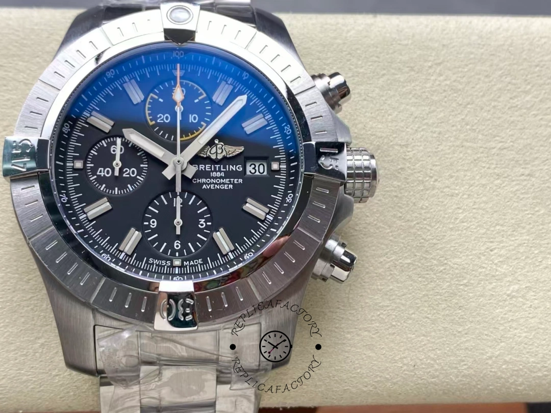 Front view of Breitling Avenger Chronograph 45 A13317101B1A1 with black dial and steel bracelet. - Front view