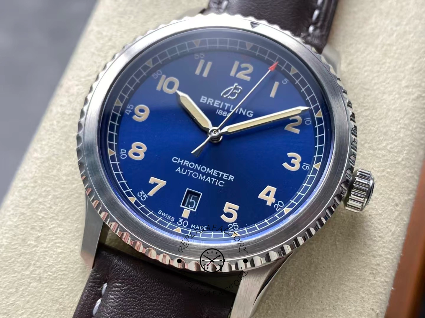 Dial close-up of Breitling Aviator 8 Automatic 41 A17315101C1X1 highlighting lume hands.