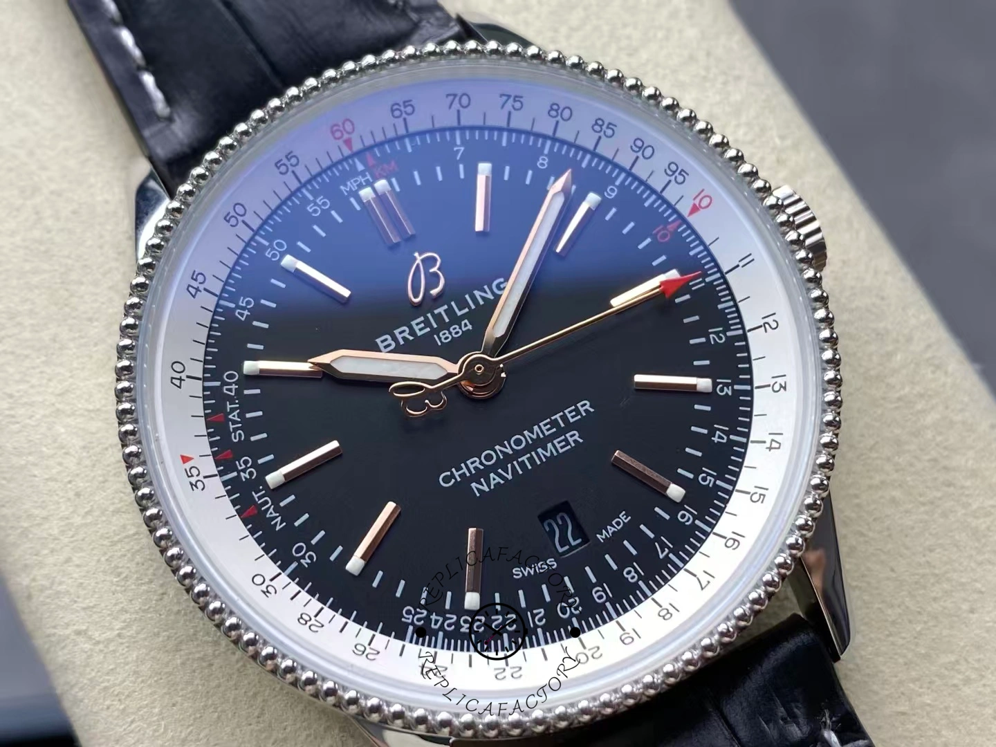 Macro shot of Breitling Navitimer 41mm A17326211B1P1 showing detailed minute scale.