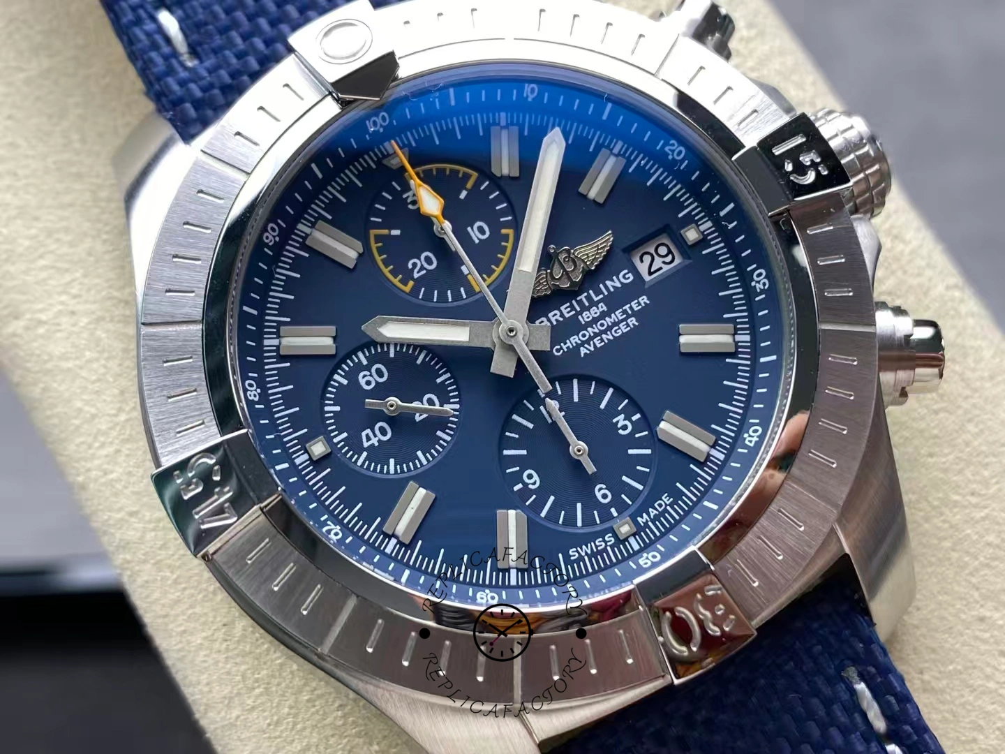 Macro shot of Breitling Avenger Chronograph 45 A13317101C1X1 dial showing yellow second hand.