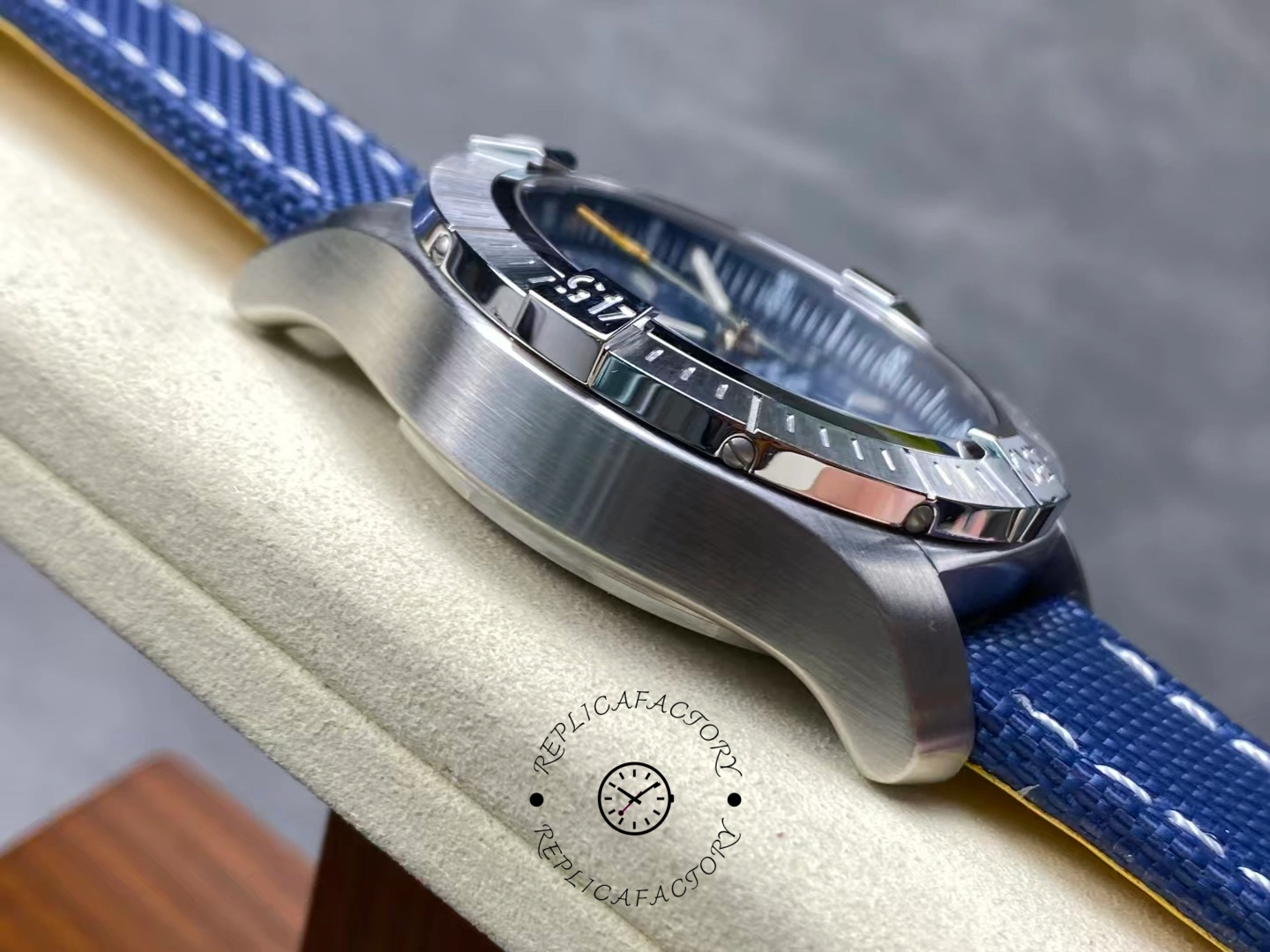 Left profile of Breitling Avenger Chronograph 45 A13317101C1X1 with brushed case.