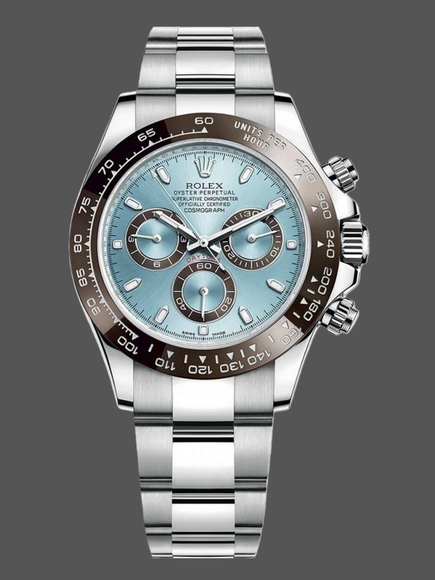 Full front image of the Rolex Cosmograph Daytona 116506 with ice-blue dial and brown bezel.